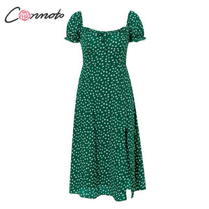 Conmoto Summer Vintage Party Dress Square Collar Ruffle Elegant Sexy Dress Beach Female Green Floral Print Mid Dresses Vestidos