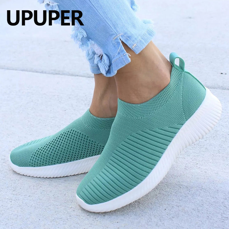 UPUPER Light Sneakers Women Breathable Mesh Vulcanized Shoes Outdoor Flat Slip-On Sock Shoes Women For Walking Plus Size 35-43