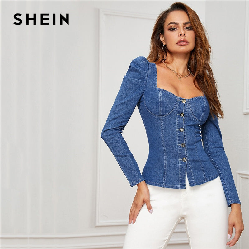 SHEIN Blue Button Up Puff Sleeve Bustier Denim Top Shirt Women Autumn Sweetheart Neck Slim Fitted Sexy Tops and Blouses