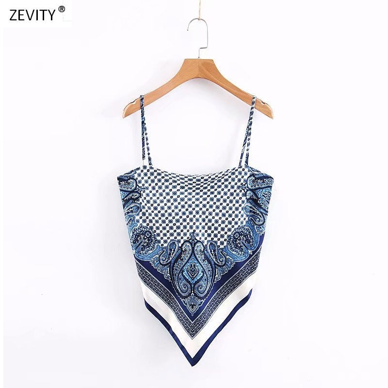 New Women vintage paisley print spaghetti strap sexy chic camis tank ladies summer backless bowknot sling tops LS3866