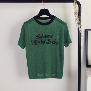 Korean Cute Letter Tee shirt femme Hipster Harajuku Lurex Womens Clothing Kawaii Ladies short sleeve T Shirt Women Tops B-052