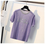 Korean Cute Letter Tee shirt femme Hipster Harajuku Lurex Womens Clothing Kawaii Ladies short sleeve T Shirt Women Tops B-052