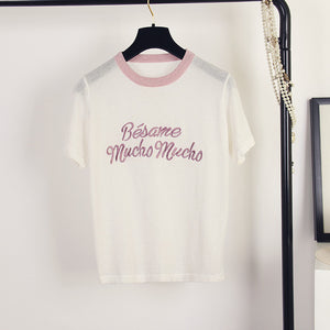 Korean Cute Letter Tee shirt femme Hipster Harajuku Lurex Womens Clothing Kawaii Ladies short sleeve T Shirt Women Tops B-052