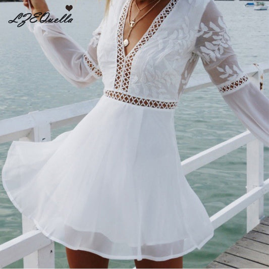 Women Chiffon V Neck Backless Mini Dress Boho Evening Party Summer Beach Casual Short Sundress Sexy Mesh Hollow Vestidos NZ1201