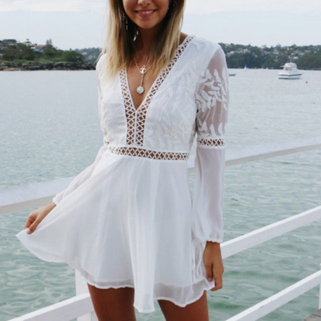 Women Chiffon V Neck Backless Mini Dress Boho Evening Party Summer Beach Casual Short Sundress Sexy Mesh Hollow Vestidos NZ1201