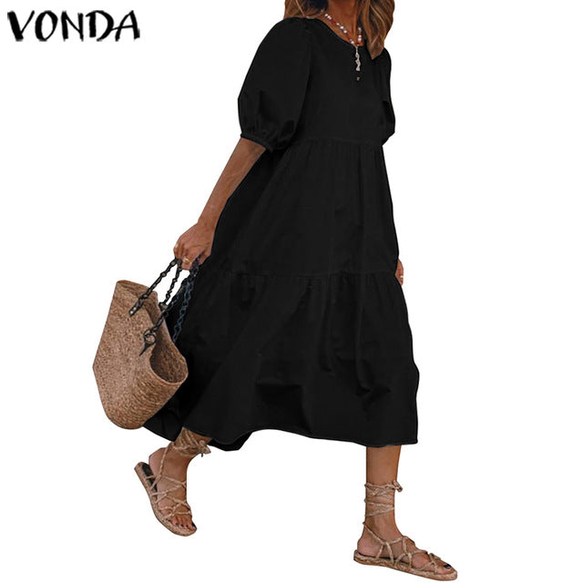 Summer Dress Vintage Sexy Lantern Sleeve Mid-Calf Dress VONDA 2020 Women' Sundress Casual Bohemian Beach Vestidos Plus Size