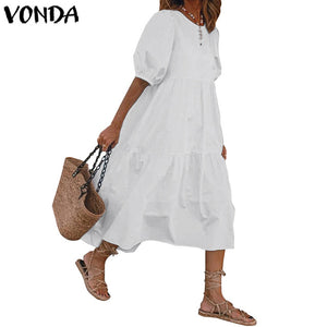 Summer Dress Vintage Sexy Lantern Sleeve Mid-Calf Dress VONDA 2020 Women' Sundress Casual Bohemian Beach Vestidos Plus Size