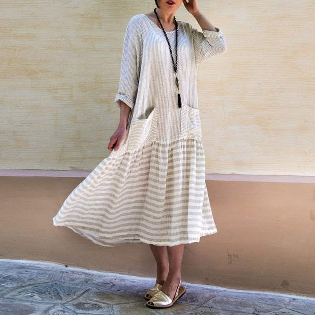 Summer Dress Vintage Sexy Lantern Sleeve Mid-Calf Dress VONDA 2020 Women' Sundress Casual Bohemian Beach Vestidos Plus Size