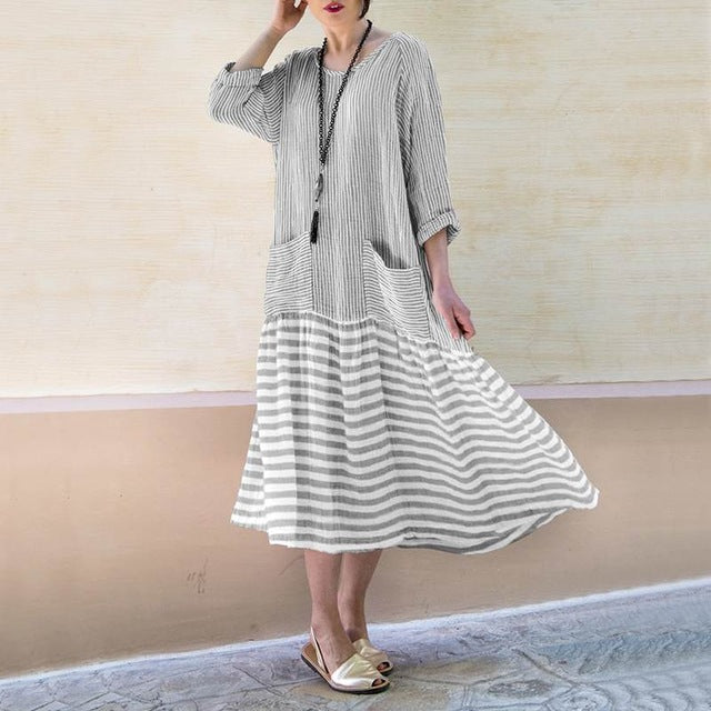 Summer Dress Vintage Sexy Lantern Sleeve Mid-Calf Dress VONDA 2020 Women' Sundress Casual Bohemian Beach Vestidos Plus Size