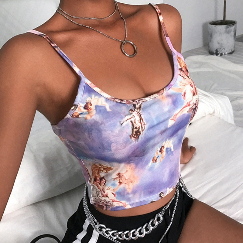 Sexy Slim Sling Angel Print Summer Camisole Women's Sexy Streetwear Short Cropped Navel  Bra Top