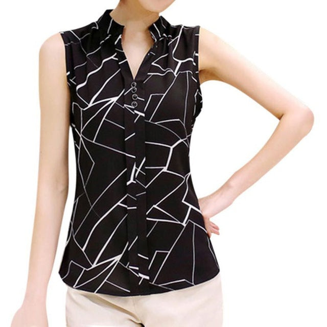 EFINNY Summer Women Tops Casual Sleeveless V-Neck Fashion Women Blouse Shirt Chiffon Print Blouses Ladies Blusas