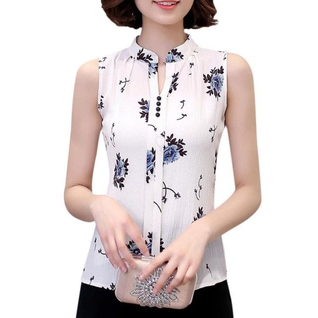 EFINNY Summer Women Tops Casual Sleeveless V-Neck Fashion Women Blouse Shirt Chiffon Print Blouses Ladies Blusas
