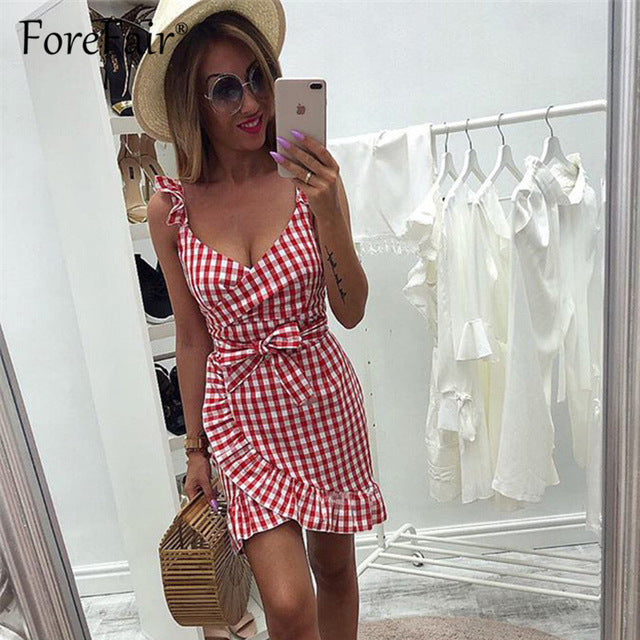 Forefair women casual Plaid Dress vintage ruffle backless wrap Sexy Dresses Sleeveless v neck tie waist Mini Summer dress 2019