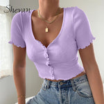 Shevan Street Summer Tops Sexy Women Blue with Buttons Tank Tops Short Sleeve Korean Style Rib Knitted Crop Top Women