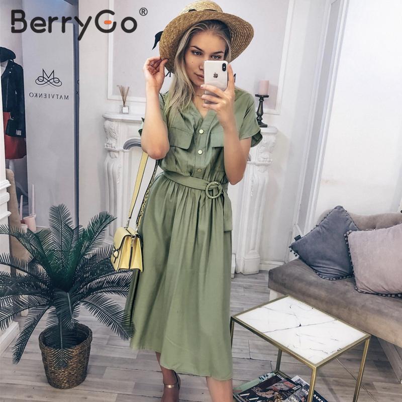 BerryGo Vintage v-neck summer dress women Casual streetwear office ladies pockets dress Elegant buttons belt midi dress vestidos