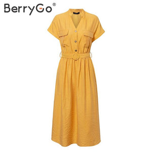 BerryGo Vintage v-neck summer dress women Casual streetwear office ladies pockets dress Elegant buttons belt midi dress vestidos