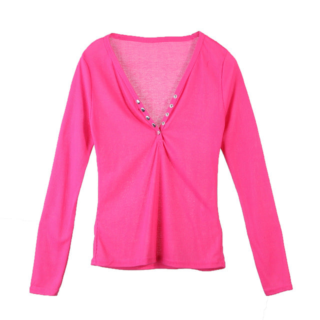 Sexy Womens Lady Clothing Blouse Shirts Long Sleeve Bandage Button V Neck Slim Brief Tee Ladies Top Blouse New Spring Summer