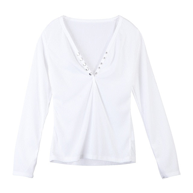 Sexy Womens Lady Clothing Blouse Shirts Long Sleeve Bandage Button V Neck Slim Brief Tee Ladies Top Blouse New Spring Summer
