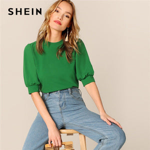 SHEIN Ladies Casual Green Puff Sleeve Keyhole Back Solid Top And Blouse Women 2019 Summer Workwear Half Sleeve Elegant Blouses