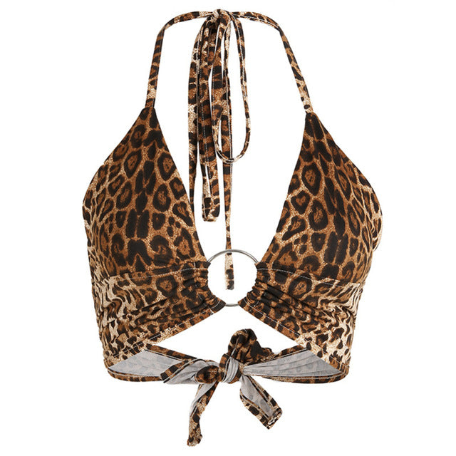 Leopard Printed Sexy Halter Crop Top Women Camis Backless Bandage Lace Up Sequins Metal Ring Tank Top 2019 Party Club Bustier