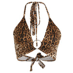 Leopard Printed Sexy Halter Crop Top Women Camis Backless Bandage Lace Up Sequins Metal Ring Tank Top 2019 Party Club Bustier