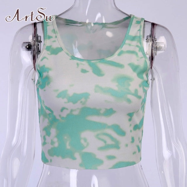 ArtSu Summer Tie Dye Print 2020 Summer Tank Top Women Sleeveless Fashion Slim Casual Crop Tops Basic Female Streetwear ASVE21103