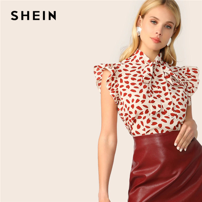 SHEIN Elegant Red Bow Tie Neck Ruffle Trim Petal Print Top Blouse Women Summer 2019 Office Lady Workwear Sleeveless Blouses