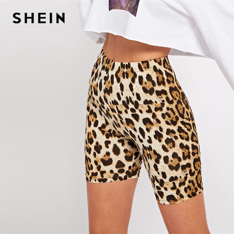 SHEIN Multicolor Casual Highstreet Leopard Print Skinny Short Legging Summer Modern Lady Athleisure Women Crop Trousers