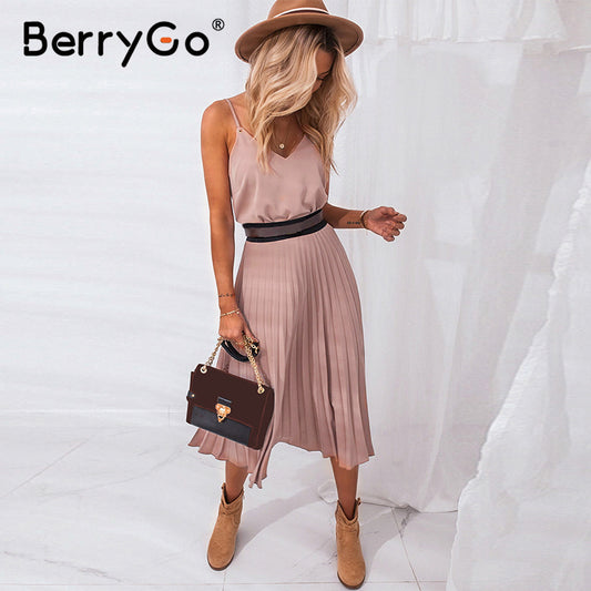 BerryGo Sexy spaghetti strap summer dress women A-line hot pink female pleated midi dress Casual office ladies party dresses