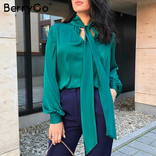 BerryGo Office ladies tie-neck women blouse shirt Summer spring long sleeve blouses Elegant bow work wear female top pink blusas