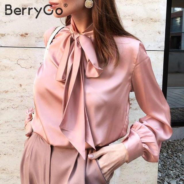BerryGo Office ladies tie-neck women blouse shirt Summer spring long sleeve blouses Elegant bow work wear female top pink blusas