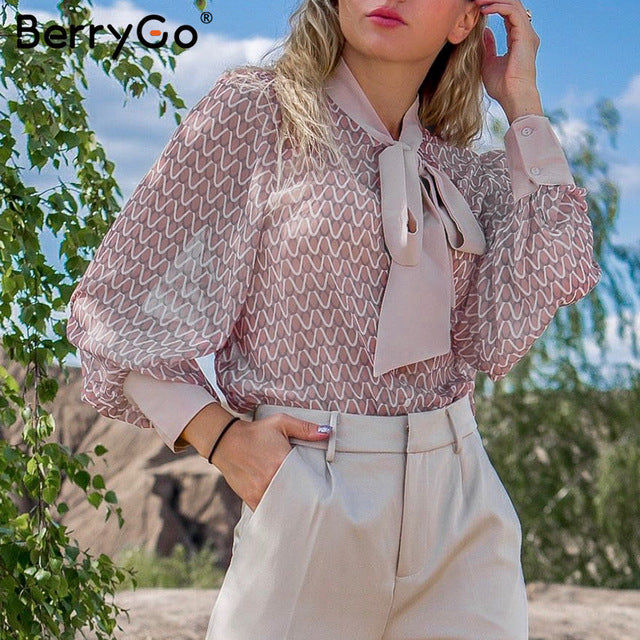 BerryGo Office ladies tie-neck women blouse shirt Summer spring long sleeve blouses Elegant bow work wear female top pink blusas