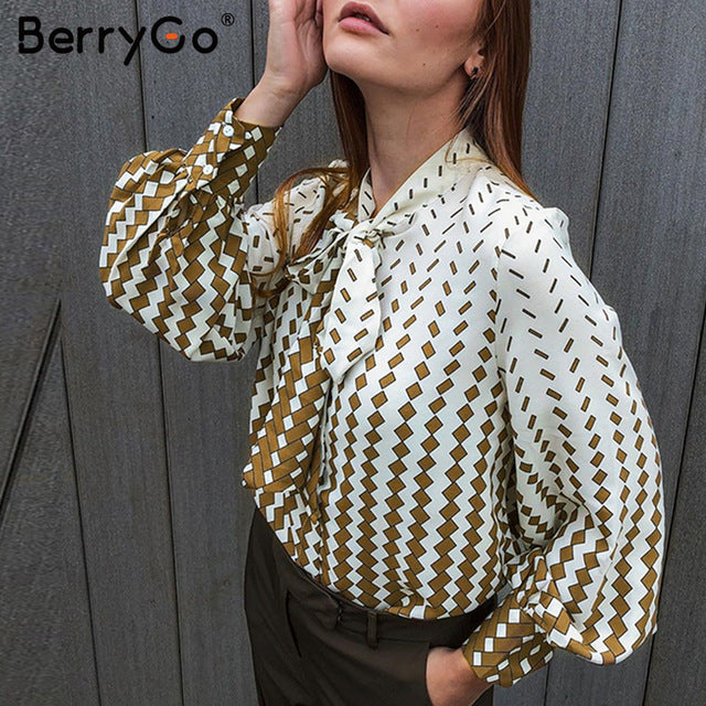 BerryGo Office ladies tie-neck women blouse shirt Summer spring long sleeve blouses Elegant bow work wear female top pink blusas