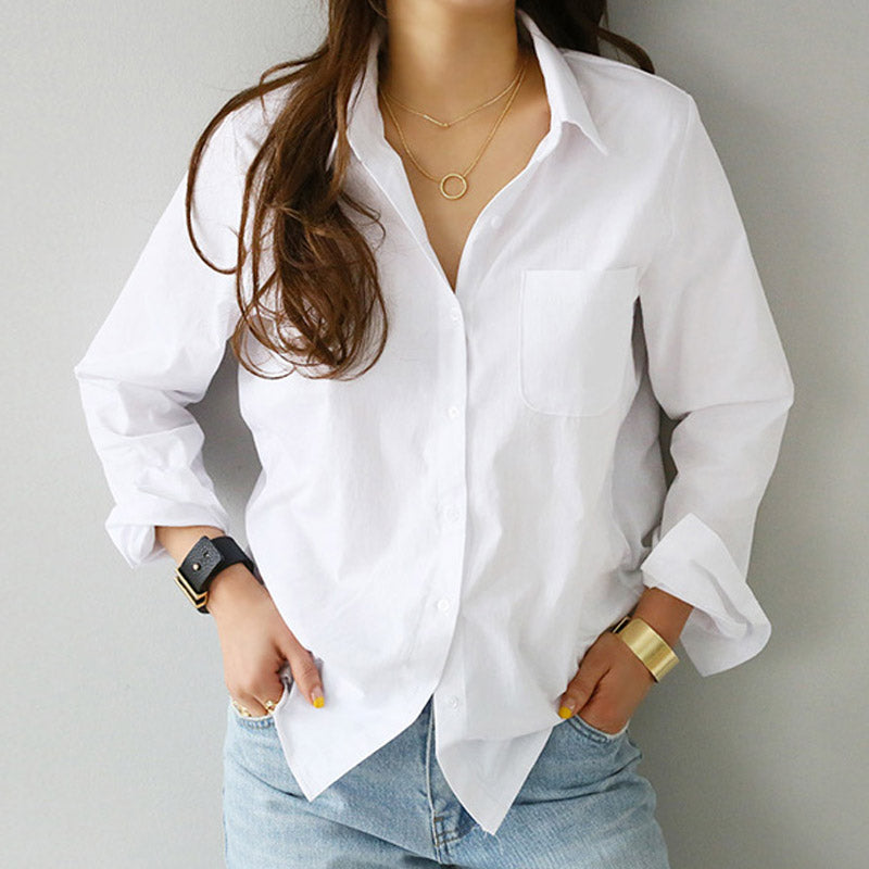 2020 Spring One Pocket Women White Shirt Female Blouse Tops Long Sleeve Casual Turn-down Collar OL Style Women Loose Blouses