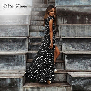 WildPinky Boho Polka Dot Long Dresses Women Split Short Sleeve Summer Casual Dress 2020 Streetwear Black Maxi Dress Vestidos