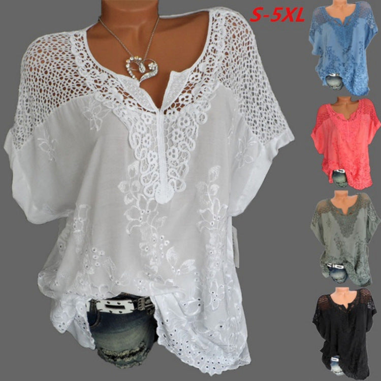 Large size lace women blouses 2020 summer cotton women blouses tops V-neck bat sleeve embroidery high quality women shirt 5XL