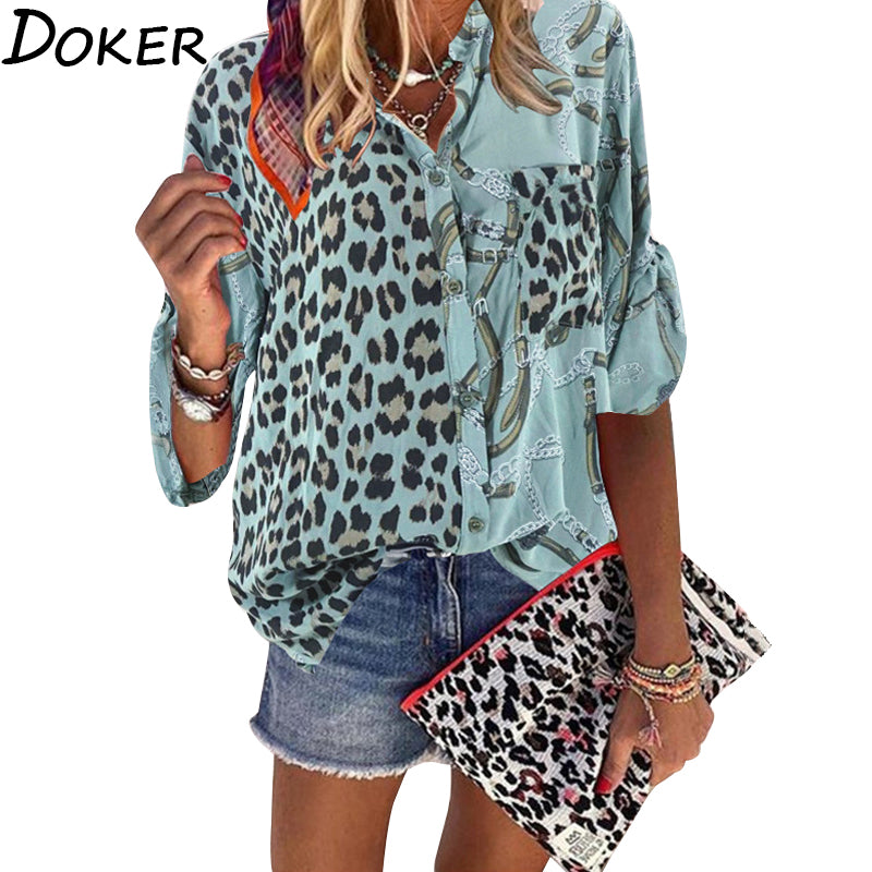 Women Blouse 2020 Sping  Tops  Turn-down Collar Long Sleeve Leopard Shirt Loose Plus Size Clothing For Women Ladies Blouses