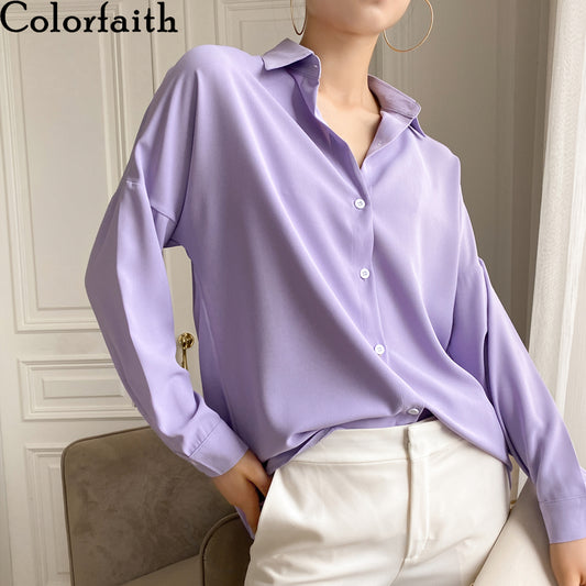 Colorfaith New 2020 Summer Women's Blouse Solid Multi Colors Lapel Single-breasted Elegant Casual Oversize Wild Pink Tops BL1383