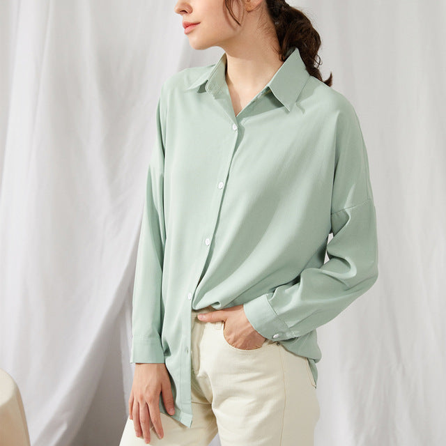 Colorfaith New 2020 Summer Women's Blouse Solid Multi Colors Lapel Single-breasted Elegant Casual Oversize Wild Pink Tops BL1383