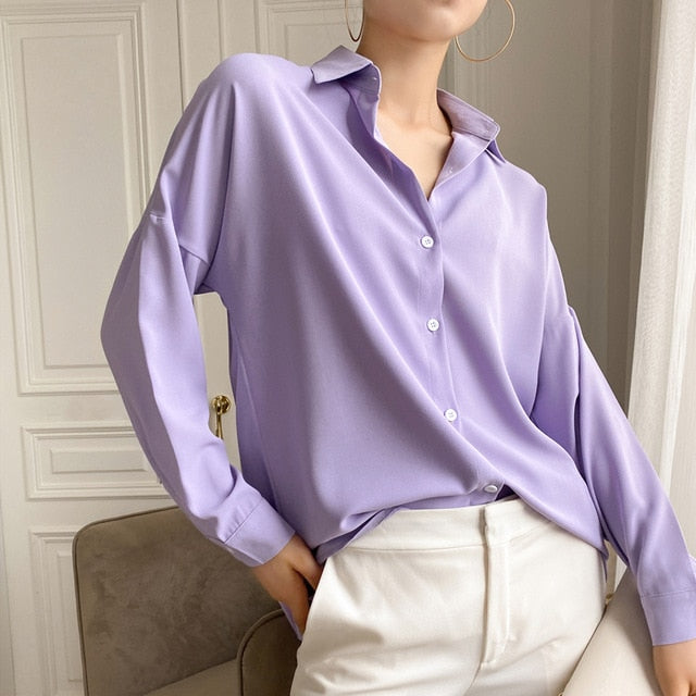 Colorfaith New 2020 Summer Women's Blouse Solid Multi Colors Lapel Single-breasted Elegant Casual Oversize Wild Pink Tops BL1383