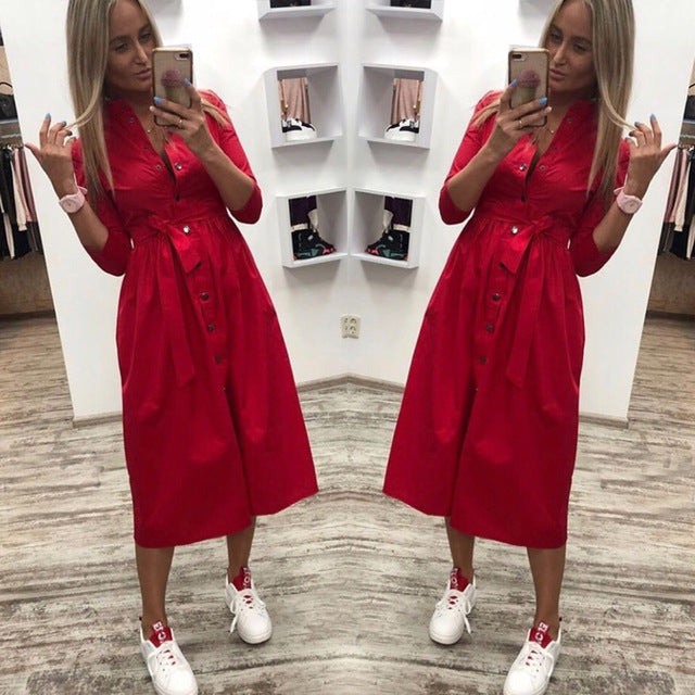 Women Casual Sashes a Line Party Dress Ladies Button Turn Down Collar OL Style Shirt Dress 2019 Summer Solid Knee Dress