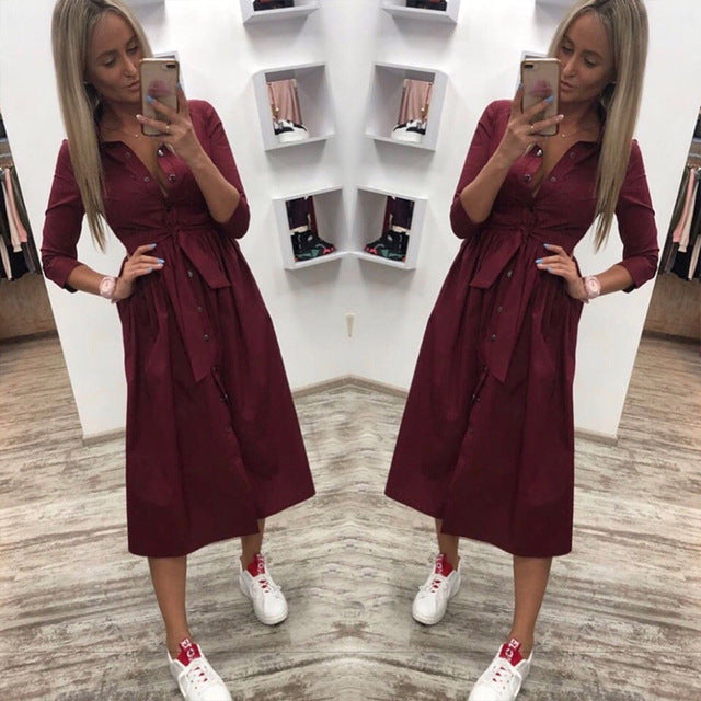 Women Casual Sashes a Line Party Dress Ladies Button Turn Down Collar OL Style Shirt Dress 2019 Summer Solid Knee Dress