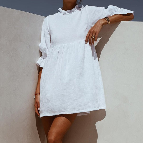 2020 Summer Women Solid Casual Loose Mini Dresses Ladies Ruffles  Half Sleeve Shirt Party Dress New Fashion Women Straight Dress