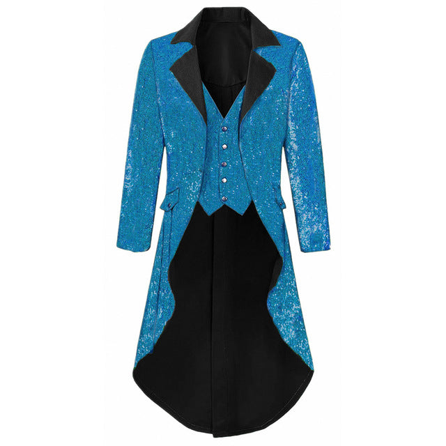 Mens Notch Lapel Gorgeous Sequin Tailcoat Jacket Cosplay Costume Party Colorful Blazer Coat For Big And Tall Men Long Steampunk