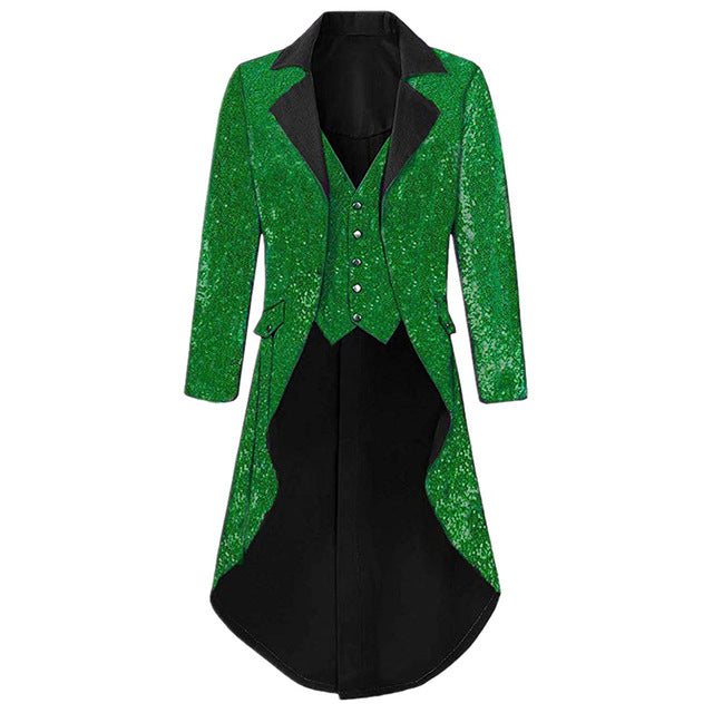 Mens Notch Lapel Gorgeous Sequin Tailcoat Jacket Cosplay Costume Party Colorful Blazer Coat For Big And Tall Men Long Steampunk