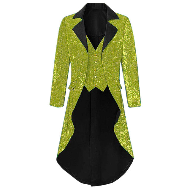 Mens Notch Lapel Gorgeous Sequin Tailcoat Jacket Cosplay Costume Party Colorful Blazer Coat For Big And Tall Men Long Steampunk