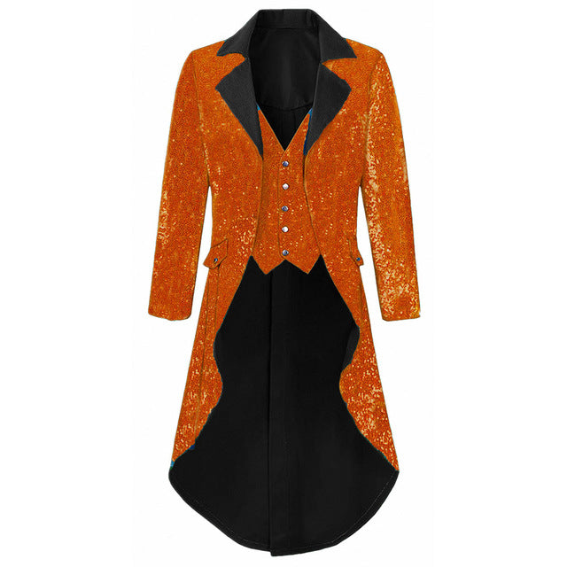 Mens Notch Lapel Gorgeous Sequin Tailcoat Jacket Cosplay Costume Party Colorful Blazer Coat For Big And Tall Men Long Steampunk