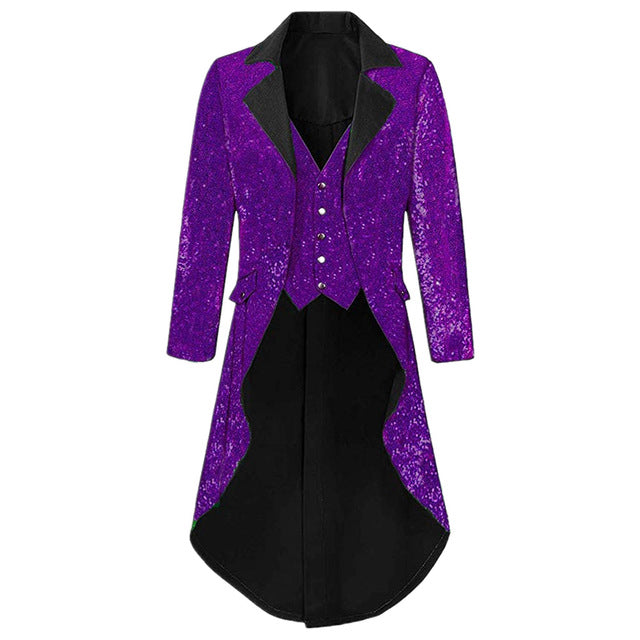 Mens Notch Lapel Gorgeous Sequin Tailcoat Jacket Cosplay Costume Party Colorful Blazer Coat For Big And Tall Men Long Steampunk