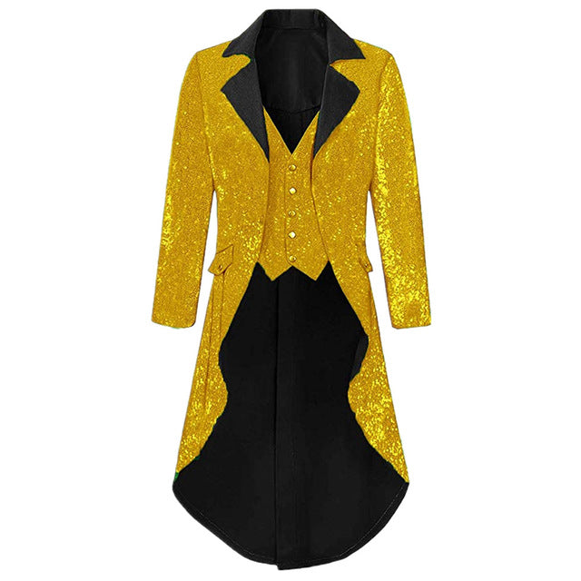 Mens Notch Lapel Gorgeous Sequin Tailcoat Jacket Cosplay Costume Party Colorful Blazer Coat For Big And Tall Men Long Steampunk