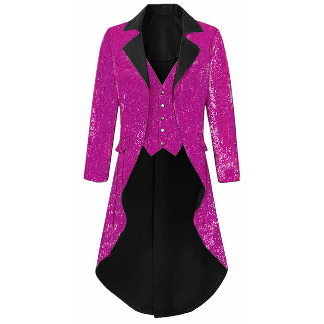 Mens Notch Lapel Gorgeous Sequin Tailcoat Jacket Cosplay Costume Party Colorful Blazer Coat For Big And Tall Men Long Steampunk